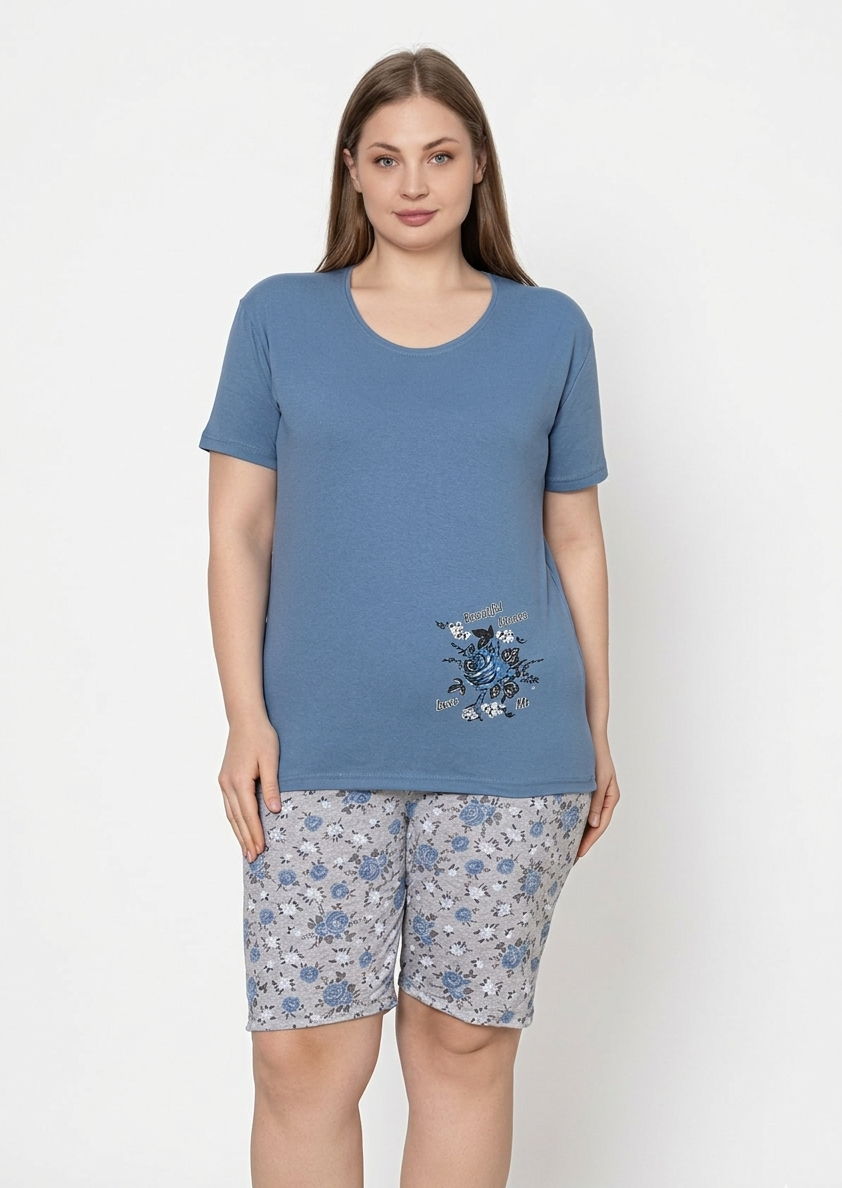 Pyjamaset Plus-Size Blau aus Baumwolle