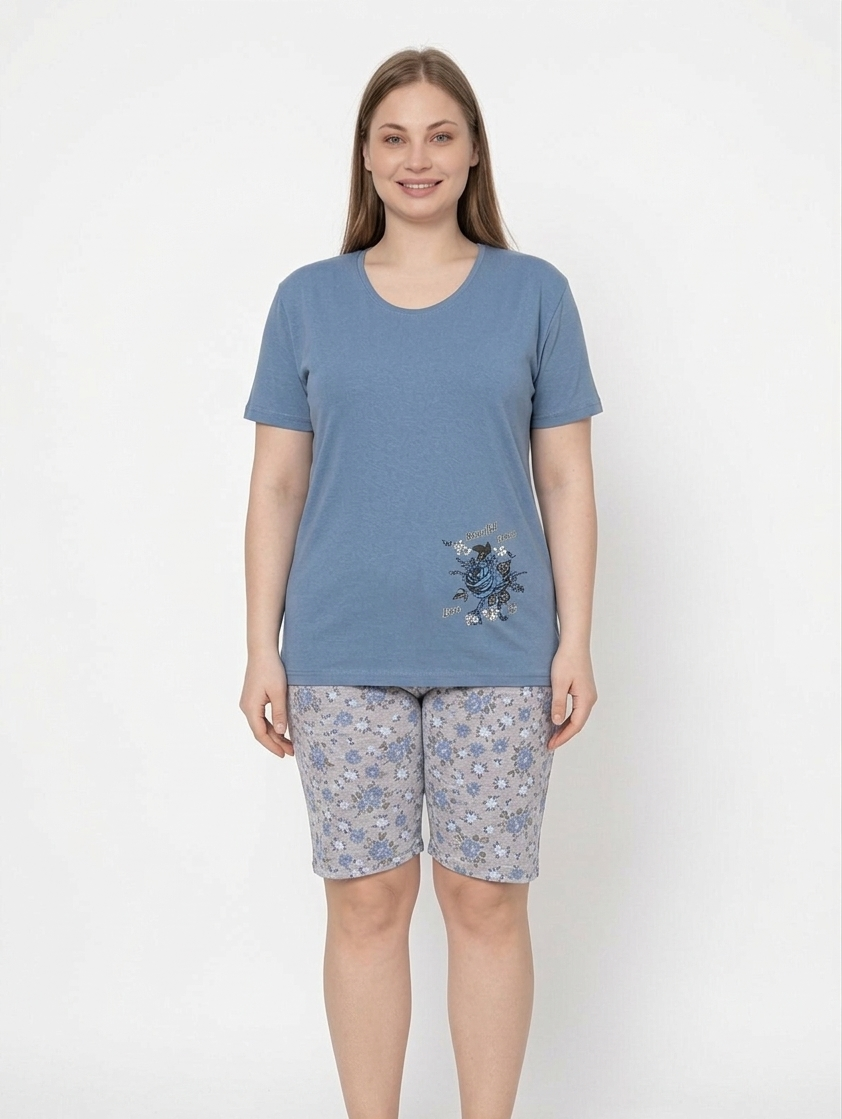 Pyjamaset Plus-Size Blau aus Baumwolle
