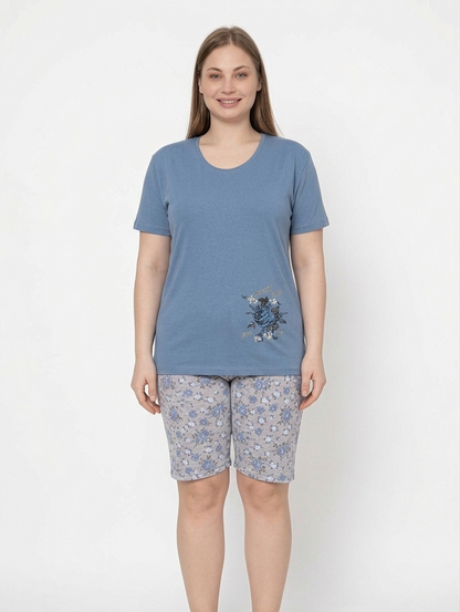 Pyjamaset Plus-Size Blau aus Baumwolle